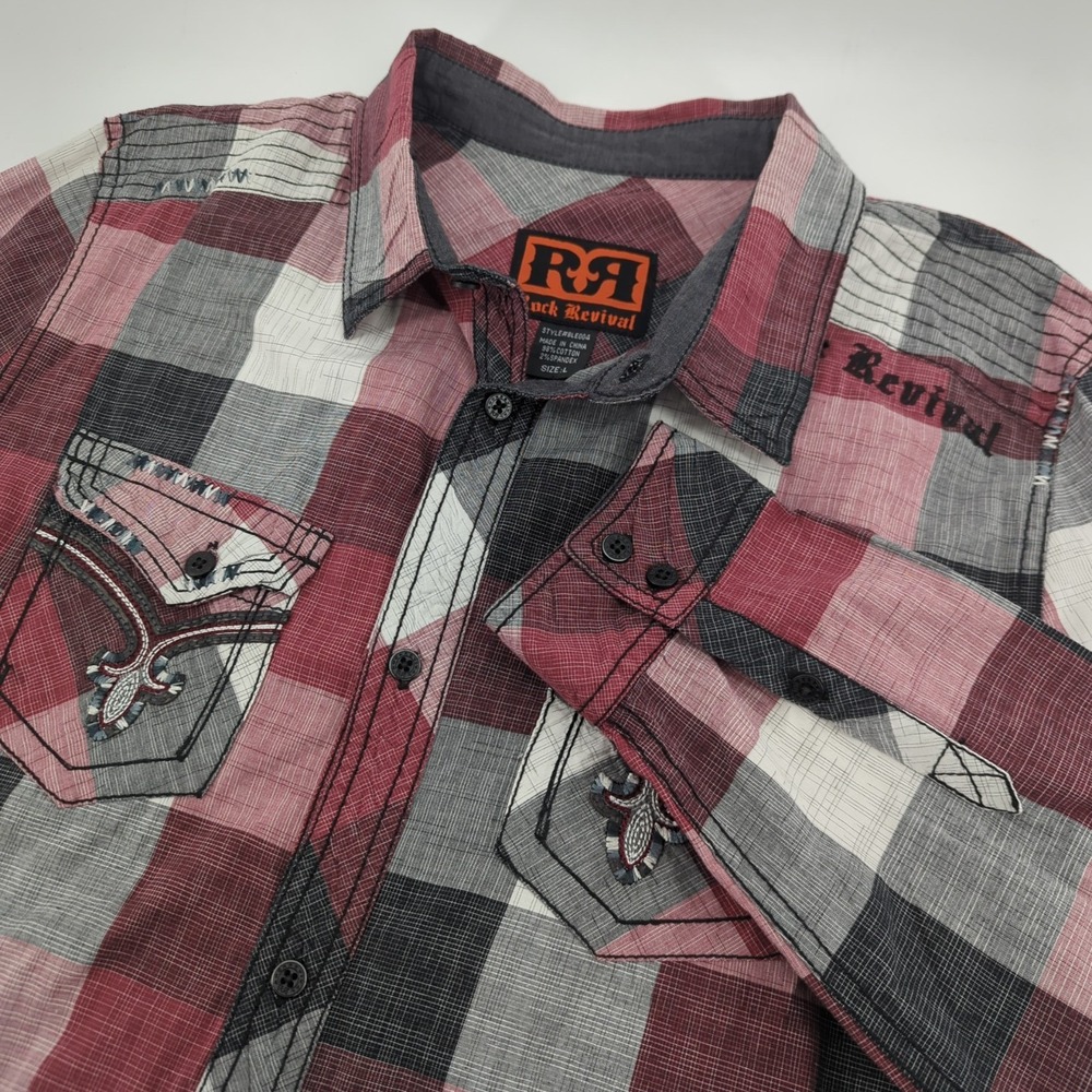 Rock Revival Western Shirt Mens Large Red Plaid Embroidered Designer Button Up - Picture 1 of 9